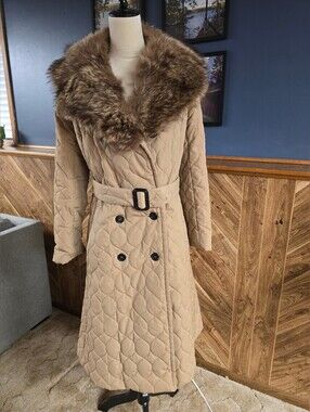 Vintage Raincheetah Quilted Coat with Faux Fur Collar and Belt - Tan